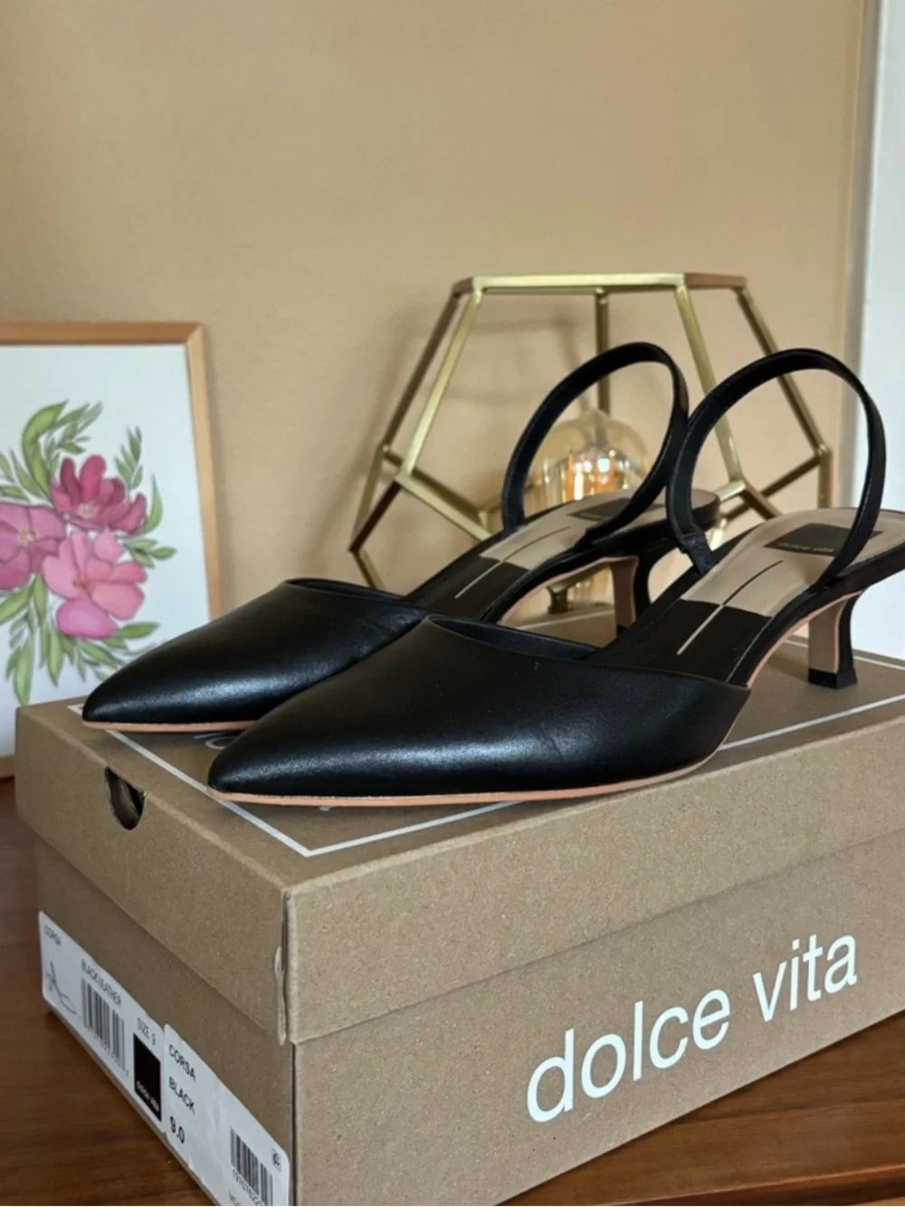 Dolce Vita Black Leather Pointed Slingback Kitten Heel Pumps